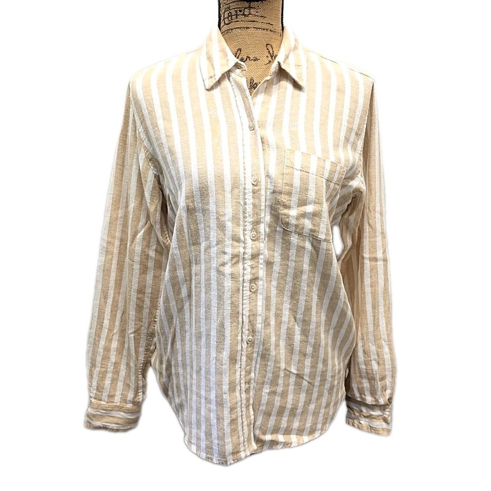 Universal Thread Linen Blend Stripe Button Up Long Slv Beige Coastal Shirt sz XS